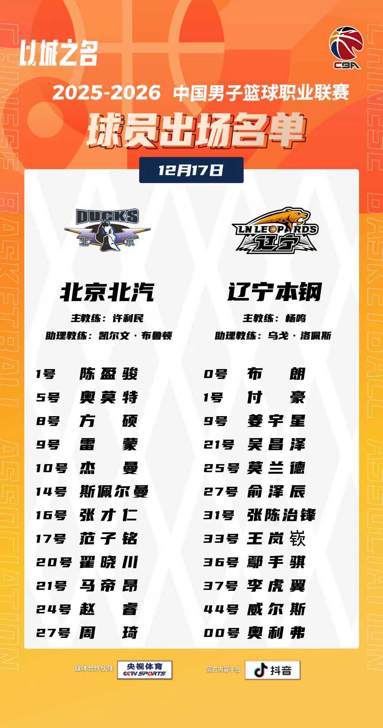 💙【比赛日•赛前名单】延续上一场的比赛名单，老塔继续因伤休战。京辽大战一触即发