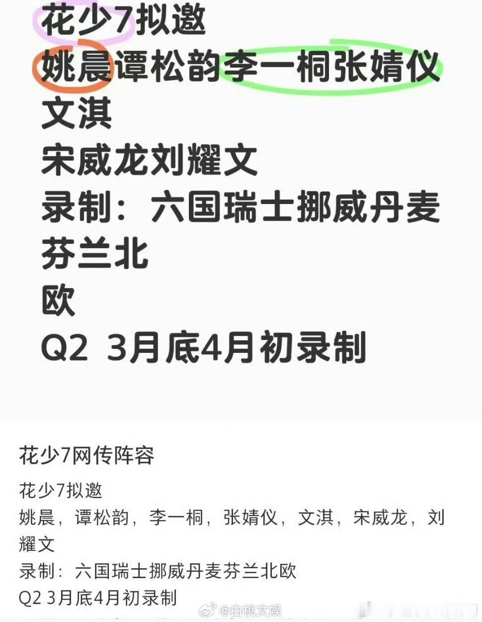 花少7拟邀花少7拟邀：姚晨、谭松韵、李一桐、张婧仪、文淇、宋威龙、刘耀文 ​？ 