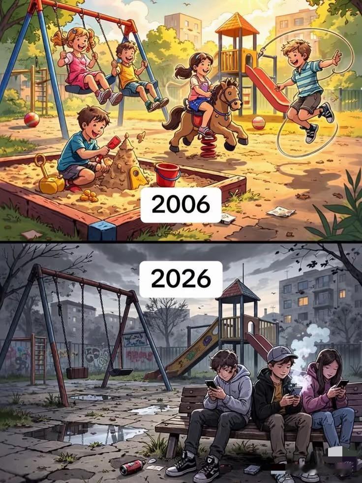 同样的公园，隔了二十年，却是两代人的童年。

2006年的游乐场，泥土、秋千、沙