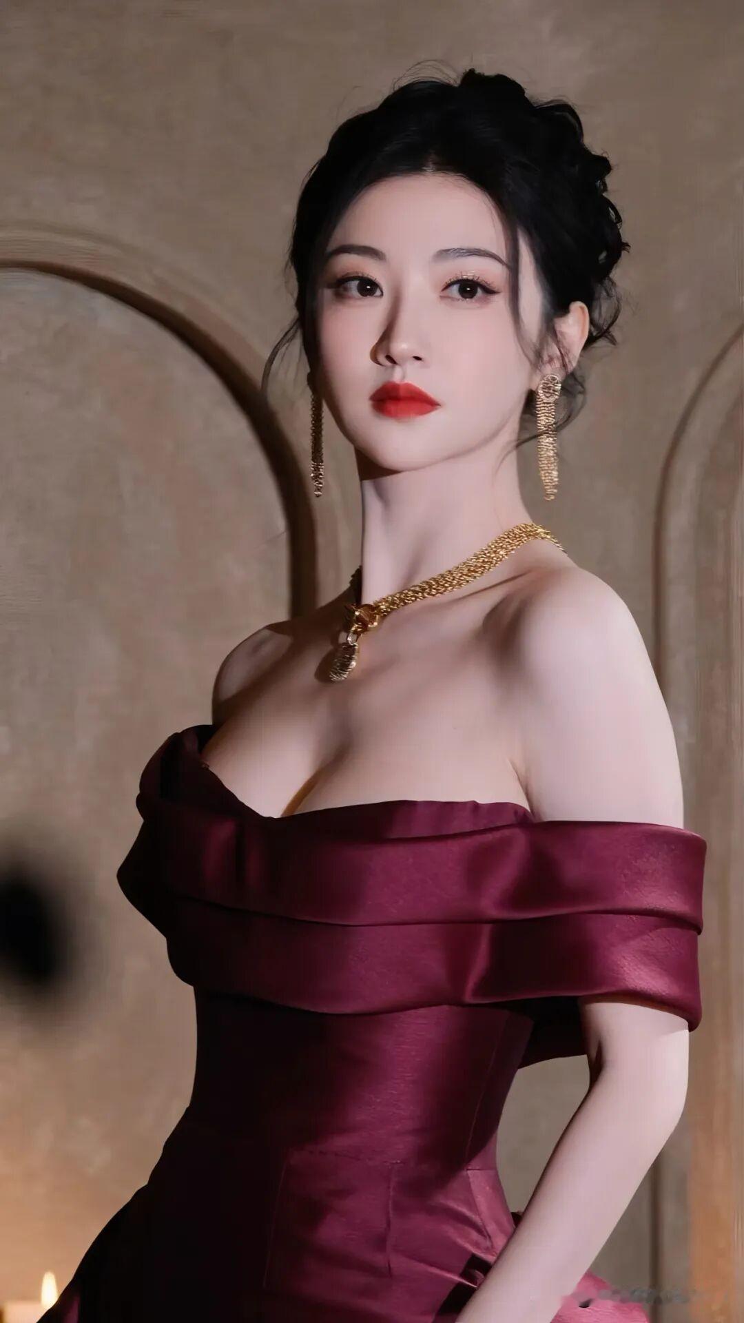 景甜这身酒红色一字肩礼服也太有复古大小姐那味儿了