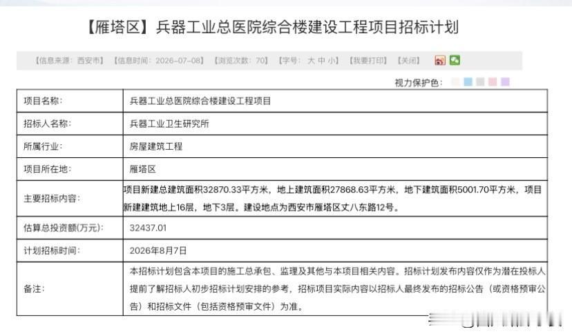 总投资超3.24亿！雁塔这家老牌医院新楼马上启动招标

最新招标计划公示，位于雁