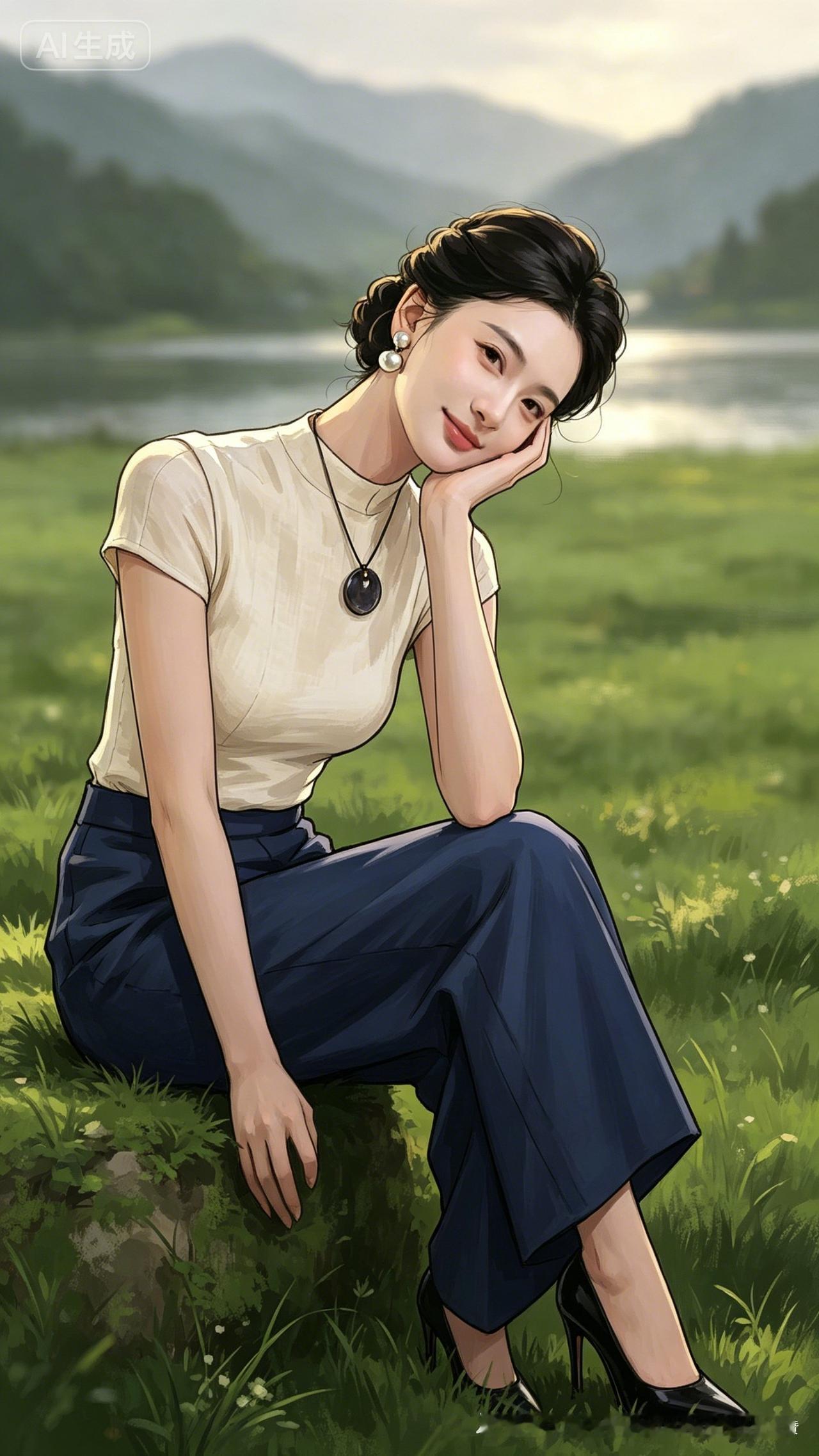 湖畔静思
青山凝黛映平湖，柔草接天漫野途。
素袂轻彰温婉态，阔裤巧裁雅韵殊。
玉
