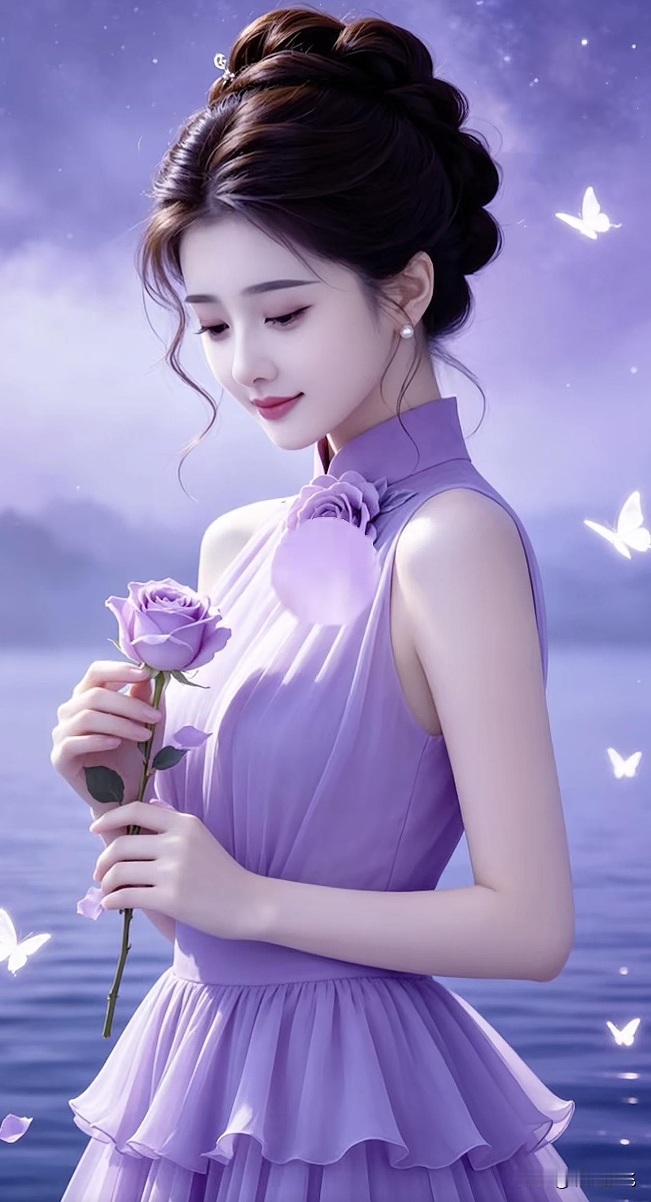 梦幻紫色礼服，手持玫瑰，蝴蝶翩翩起舞，唯美少女心紫色长款礼服 紫玫瑰长裙 紫色蕾