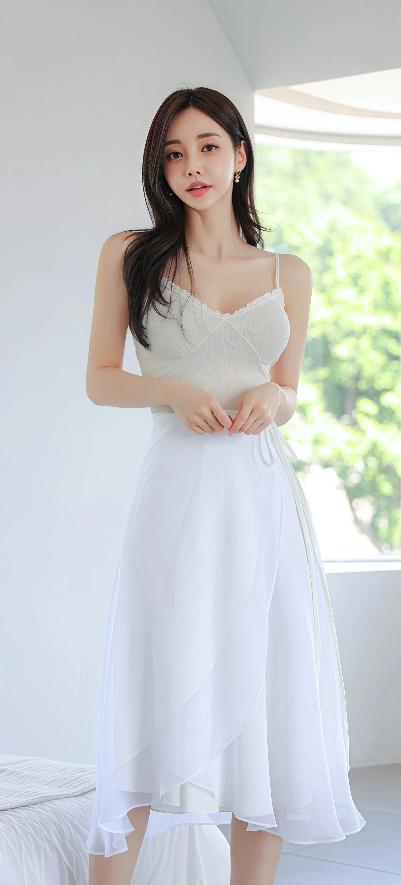 清新夏日穿搭，白色连衣裙搭配自然光，尽显优雅与温柔。