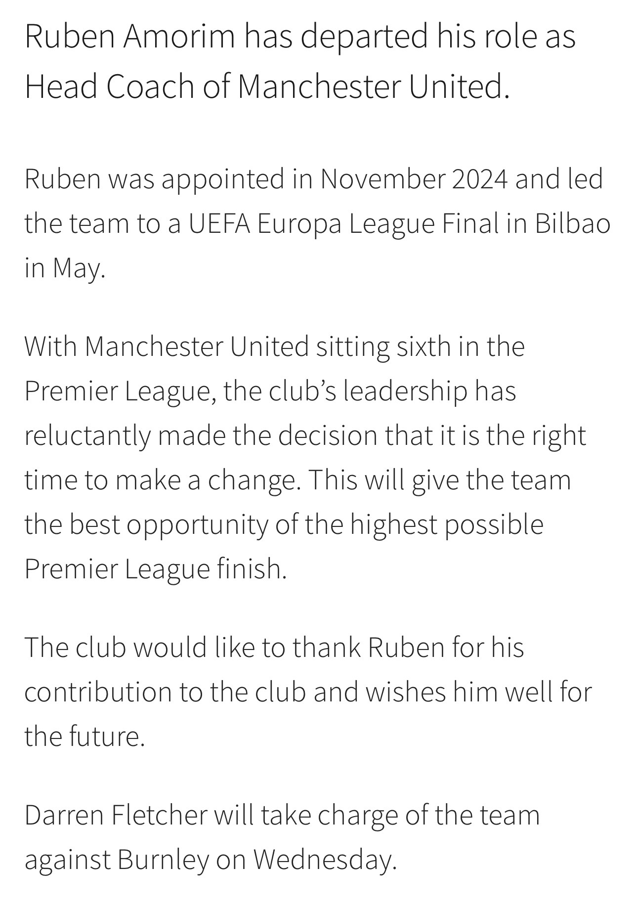 曼联官宣：阿莫林下课 达伦·弗莱彻将在周三对阵伯恩利的比赛中担任主教练曼联解雇阿