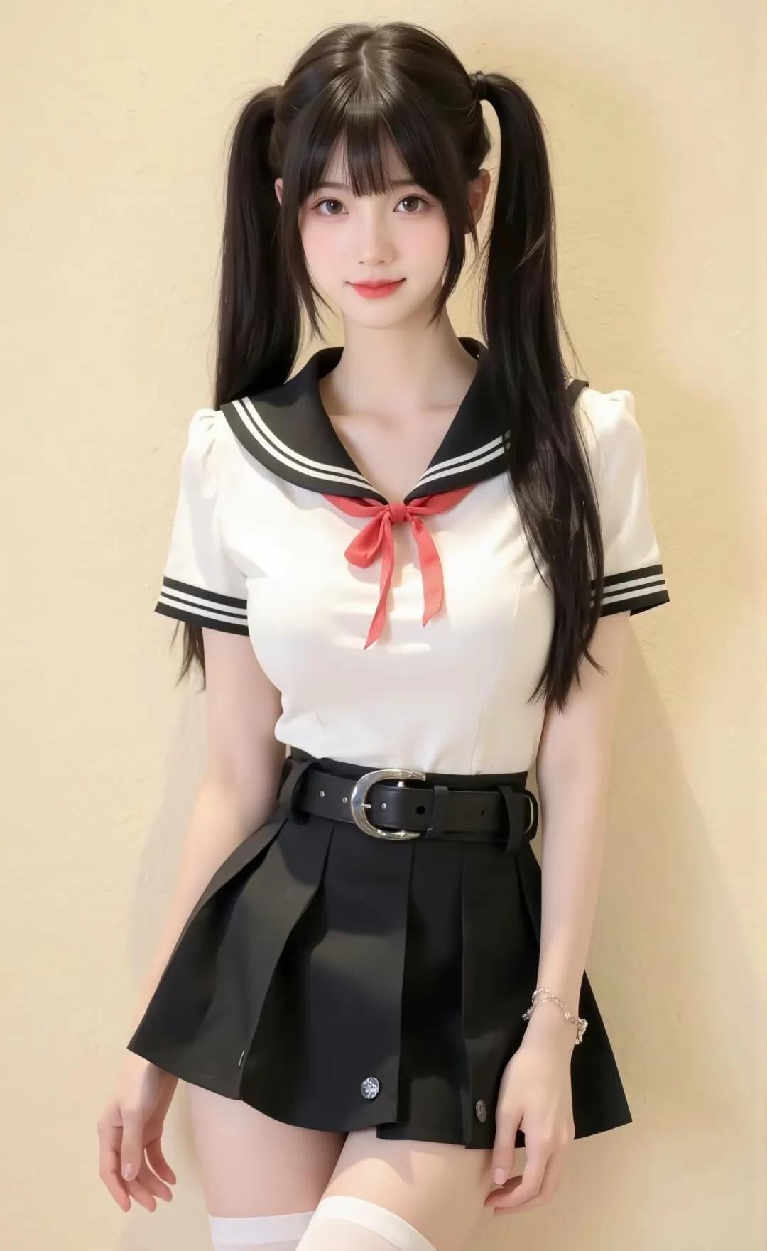 元气少女风，黑发双马尾，甜美水手服，青春洋溢！
