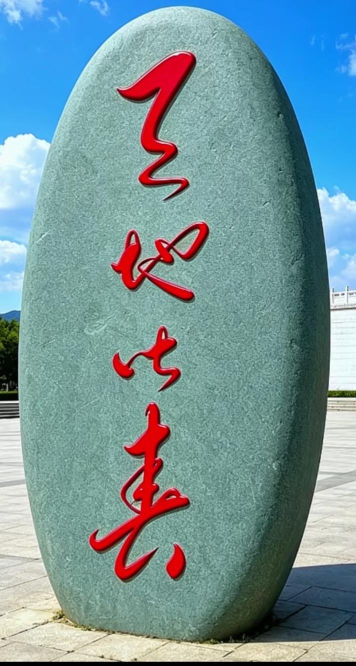 一块大石头上刻着四个大字。这四个红色的大字写的潇洒飘逸。有认识的吗？读出来听一下