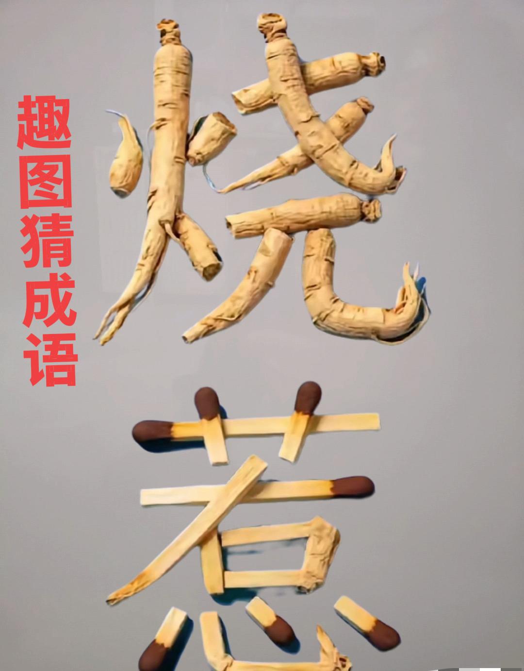 趣图猜成语，高手在民间！
由人参组成的“烧”字
由火柴组成的“惹”字
请各位高手