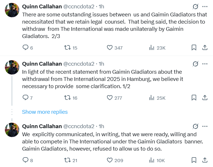凌晨CCNC在自己的个人社媒账号上连发三条推特解释GG弃赛2025国际邀请赛一事