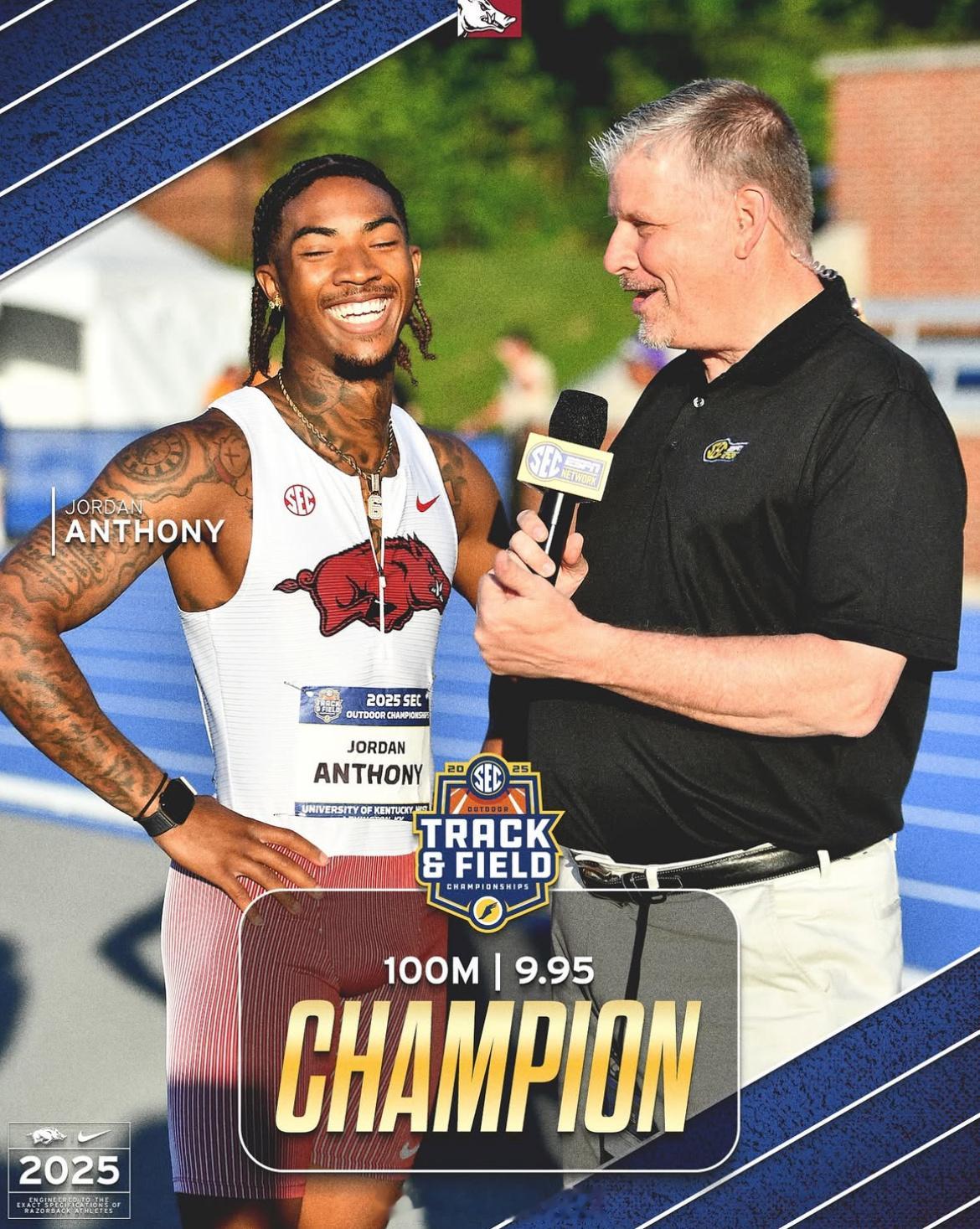 NCAA SEC分区锦标赛，阿肯色大学的乔丹·安东尼夺得100、200米双料冠军