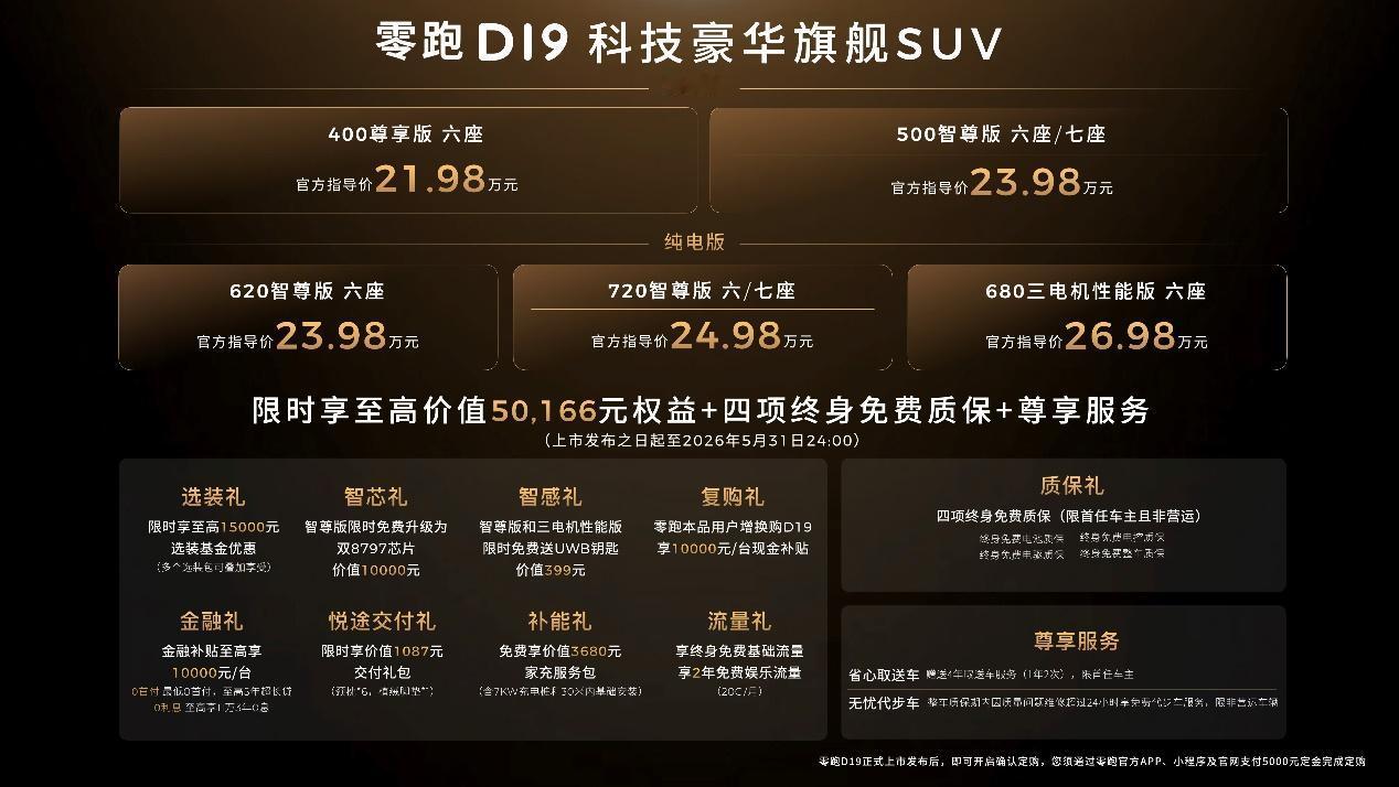作为零跑D平台首款车型，D19定位科技豪华旗舰SUV，提供纯电、增程双动力，还有