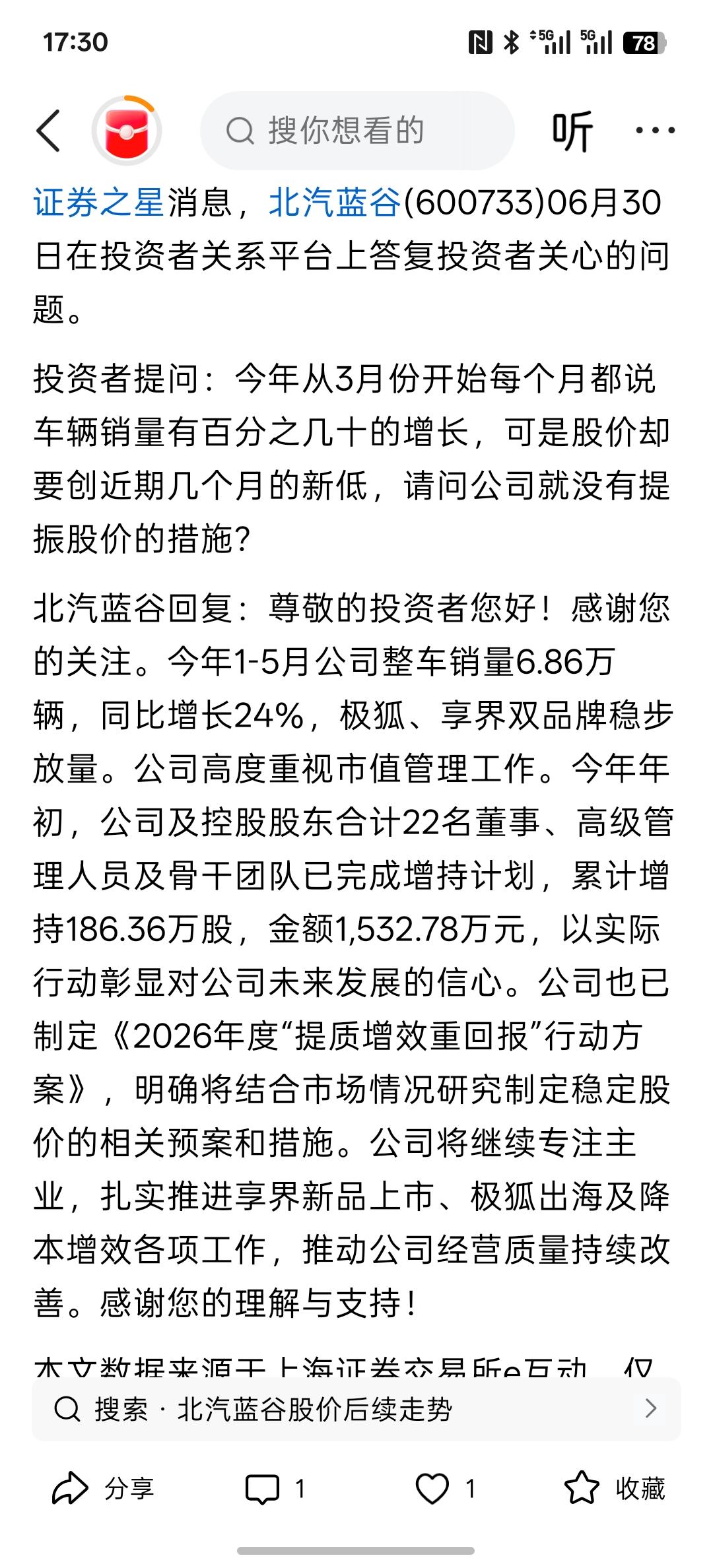 汽车销量大涨股价大跌反着来，北汽蓝谷：今年1-5月公司整车销量6.86万辆，同比