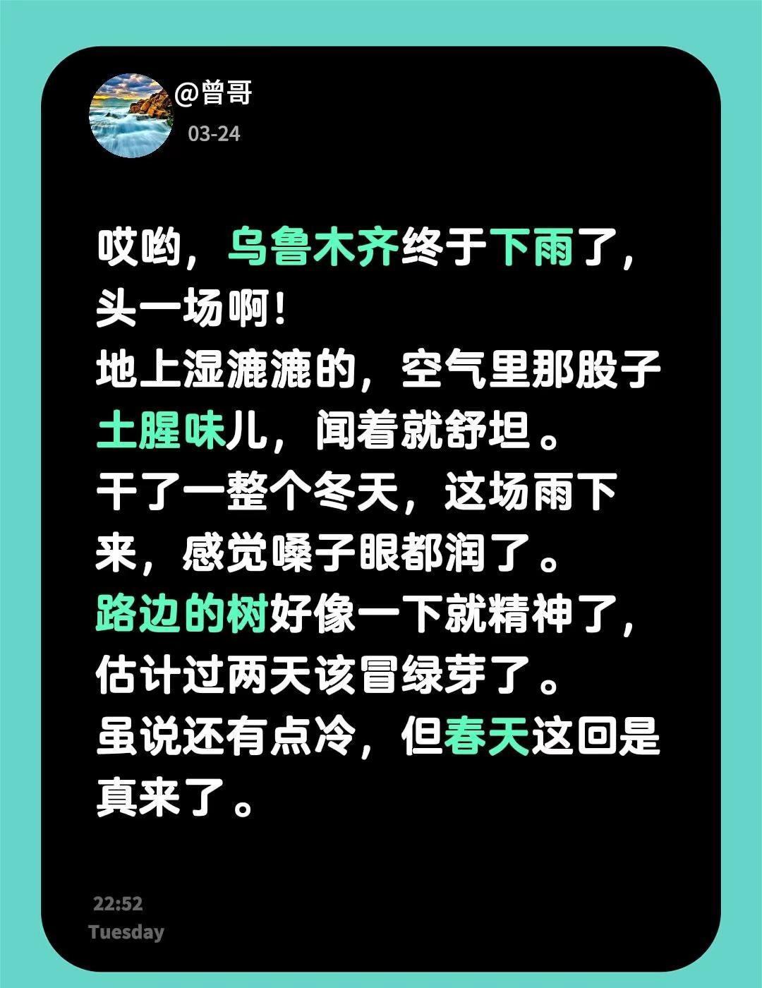 哎哟，乌鲁木齐终于下雨了，头一场啊！ 地上湿漉漉的，空气里那股子土腥味儿，闻着就