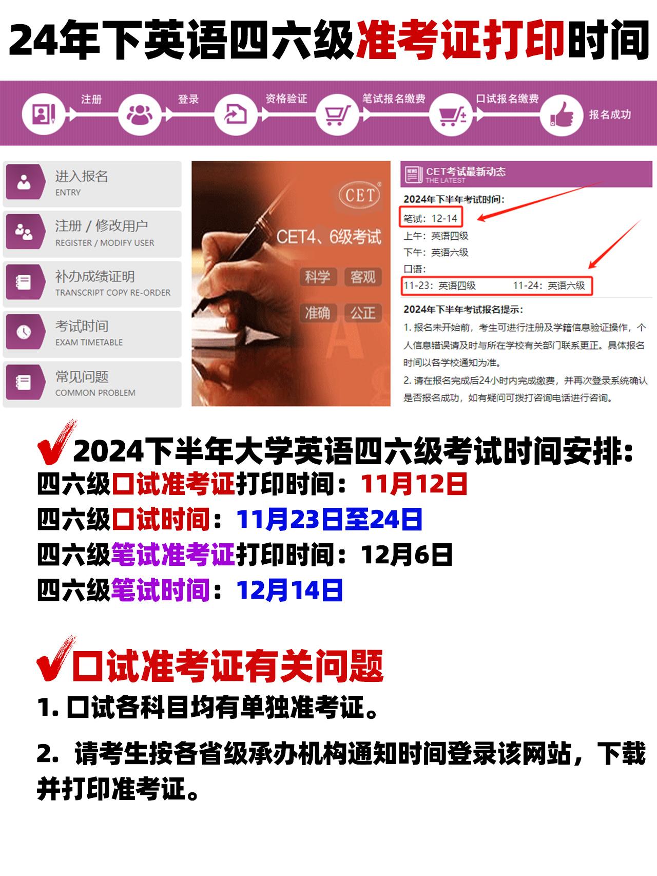 24年下半年 英语四六级准考证打印时间🔥
🍬考试时间安排：
⏰四六级口试准考