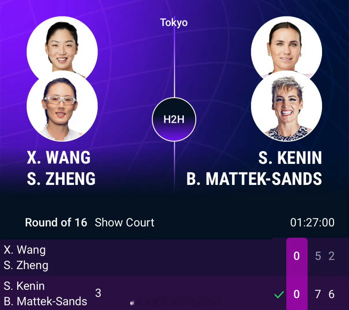#WTA500# 东京站女双首轮，王欣瑜/郑赛赛5-7/2-6不敌3号种子肯宁/