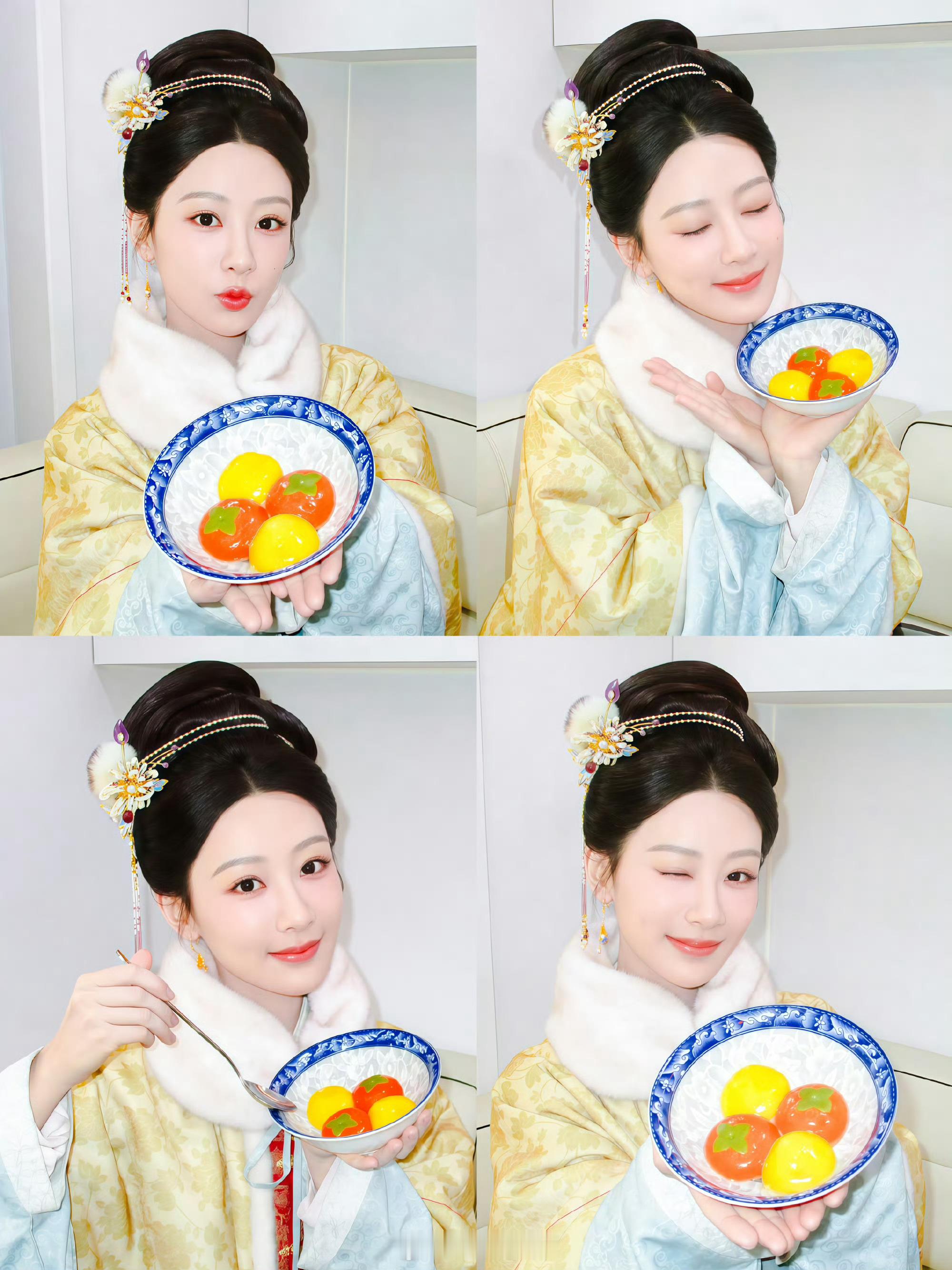 杨紫穿古装吃汤圆  李祯都开始簪花花了，看来创业成功了！ 
