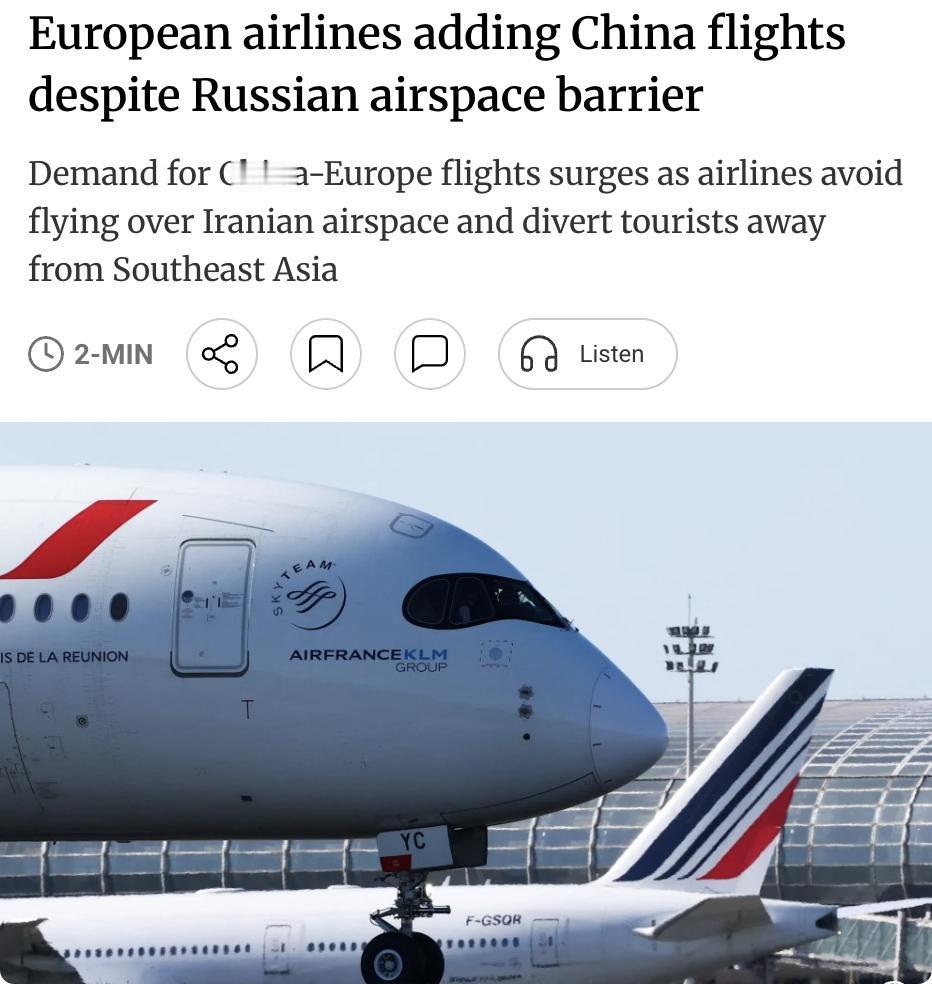 外媒：欧洲航司不顾俄罗斯领空禁飞限制仍增开中国航线。

OAG数据显示，5月中欧