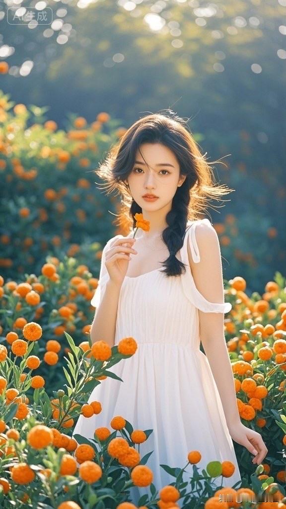 一位姑娘坐在花丛中，非常漂亮。