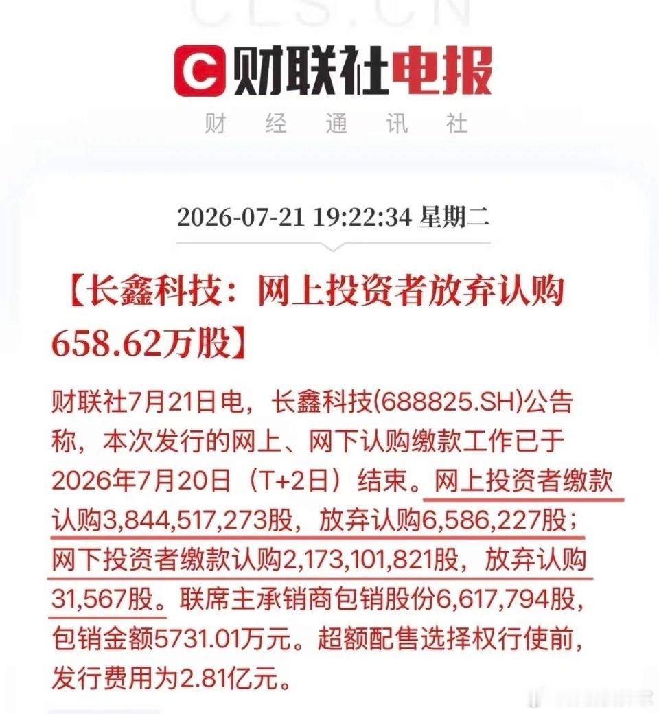 长鑫科技公布科创板IPO发行结果，网上投资者弃购658.62万股，网下弃购3.1