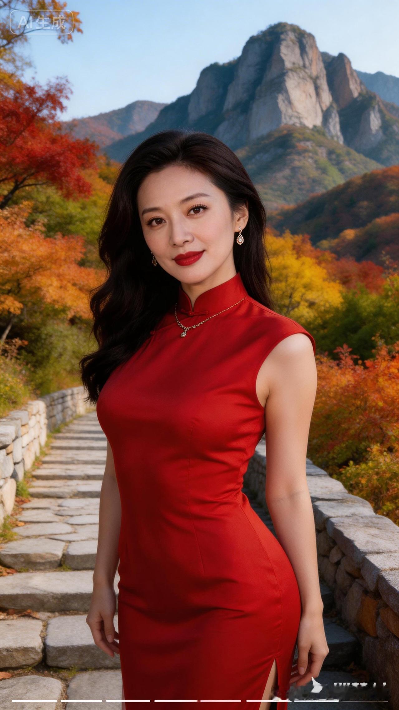 秋日红裙与山峦相映，美不胜收！