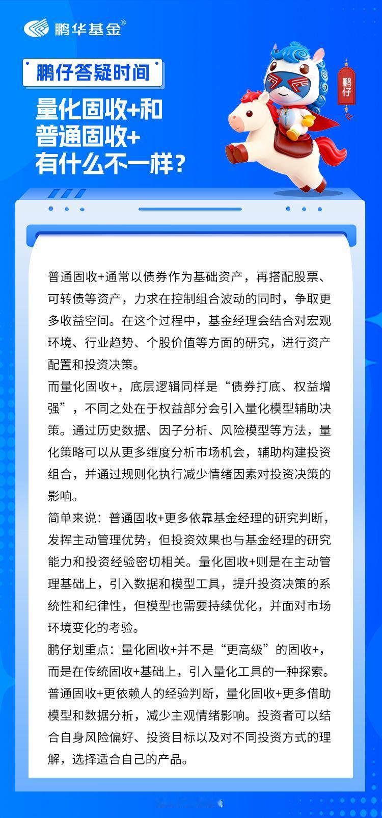 最近有鹏友留言问：“看到一只基金名字里带‘量化固收+’，这是什么意思？和普通固收
