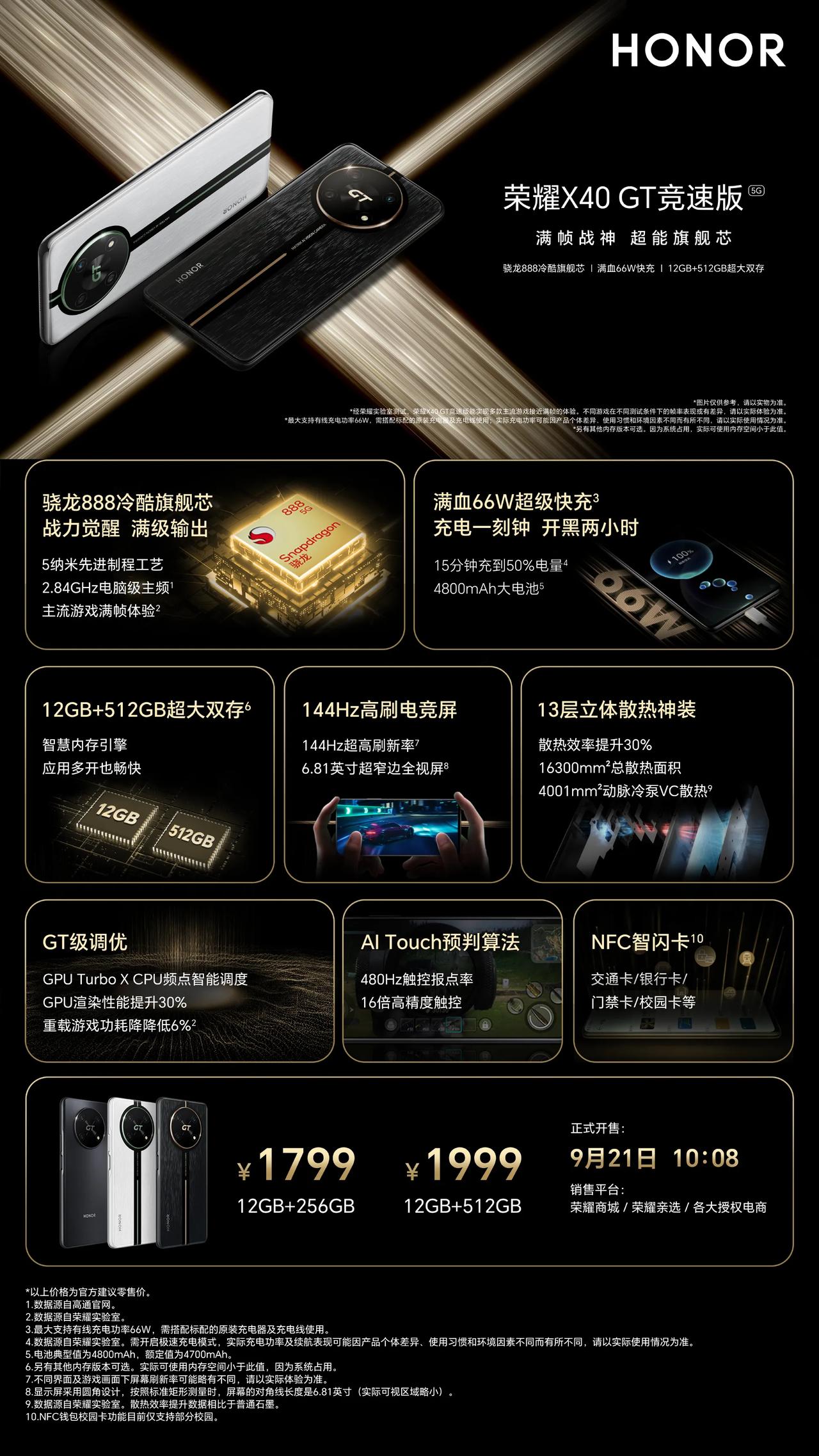 荣耀X40 GT竞速版骁龙888，4800mAh+66W快充，144Hz高刷直屏