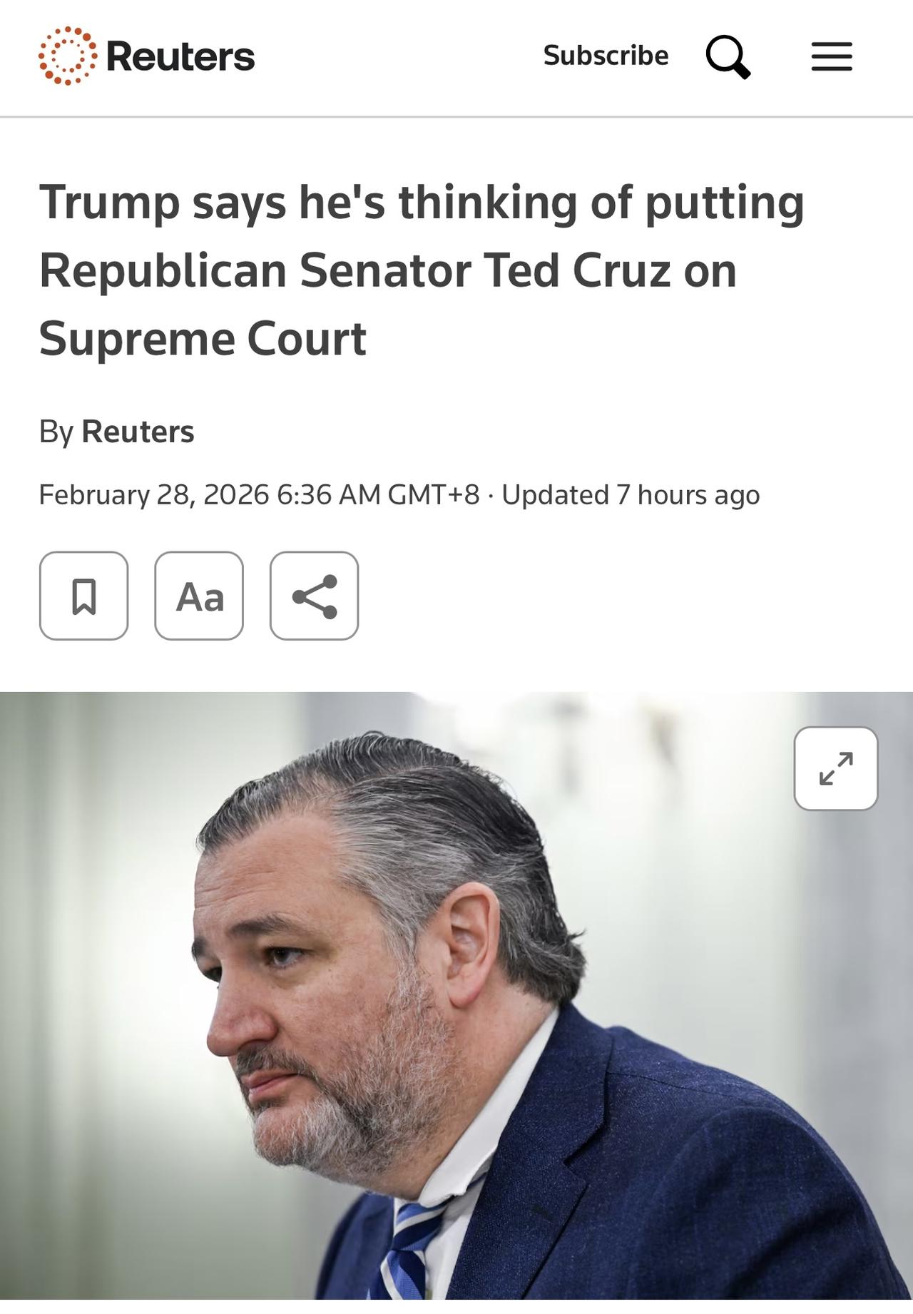 唐纳德·特朗普周五表示，他正在考虑提名得克萨斯州共和党参议员泰德·克鲁兹担任未来