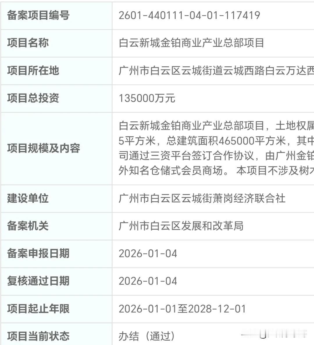 投资13.5亿，拟引进国外知名仓储式会员商场，白云区这个商业总部完成注册备案！