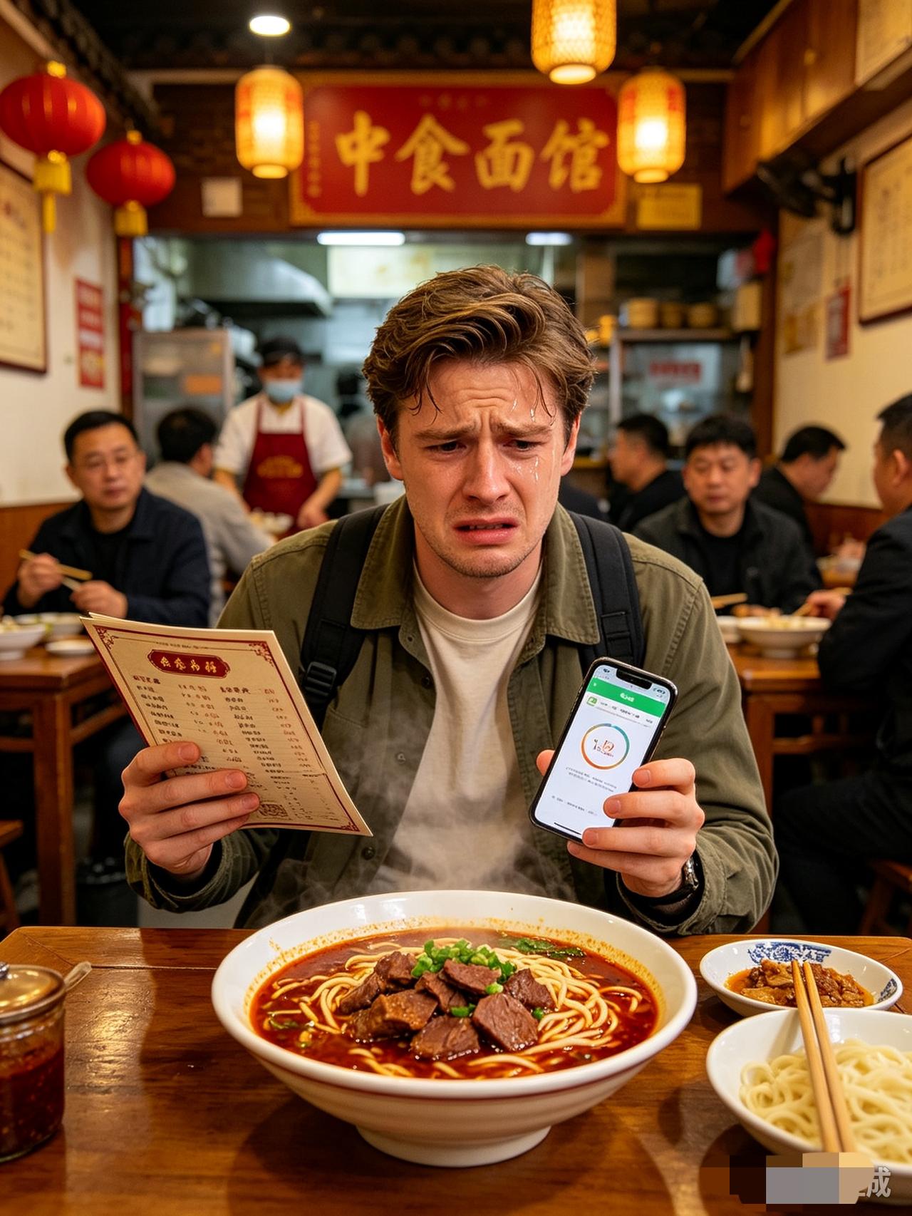 外国游客在中国面馆语言不通，比划半天无法点餐，一碗牛肉面下肚，瞬间红了眼眶

一
