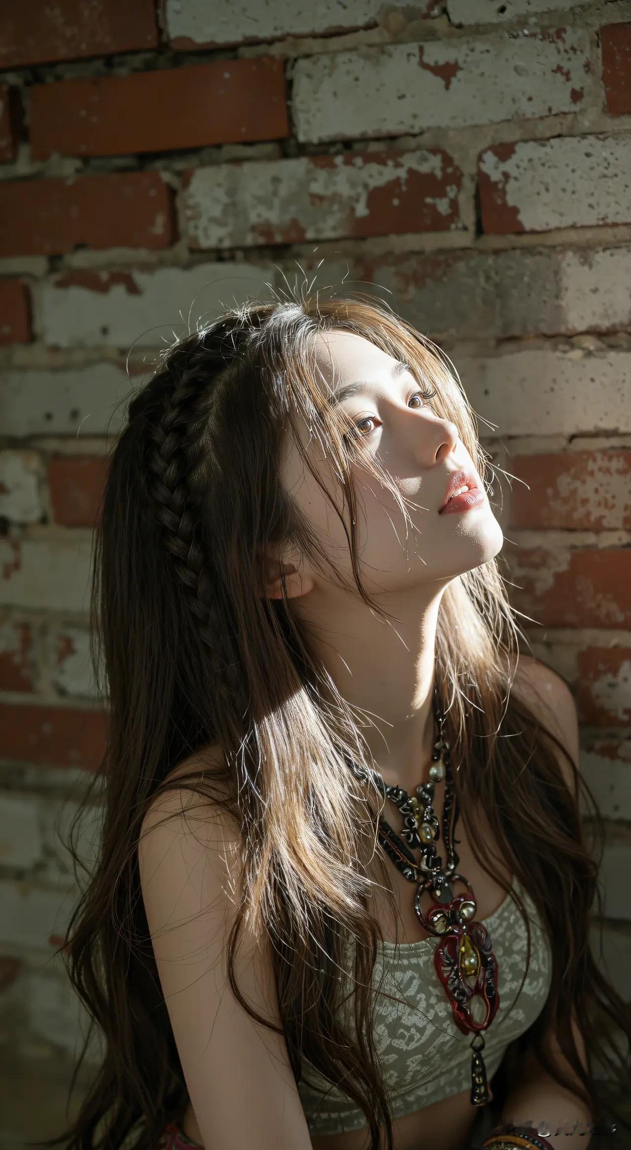 光之影
阳光下的少女，长发飘逸，砖墙背景，时尚项链点缀，美不胜收。
阳光白裙少女