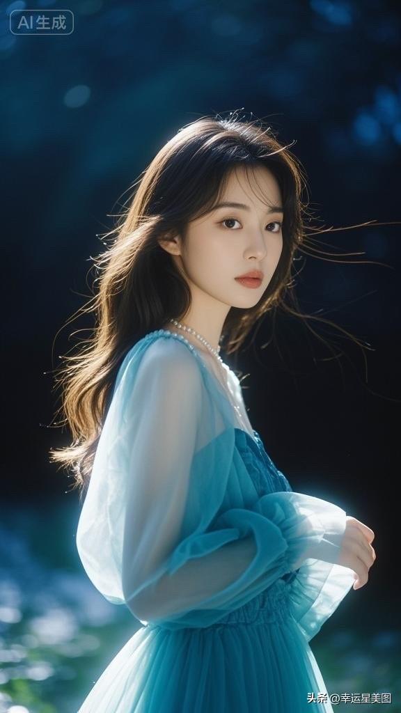 梦幻蓝裙少女，轻盈飘逸，宛如天上的仙子。