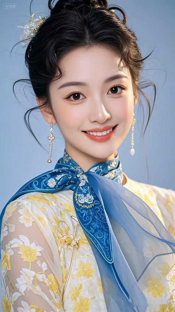 明黄衣裙搭配青蓝披帛，珠钗轻绾青丝，少女眉眼清甜灵动，柔光衬得面容娇俏动人，温婉
