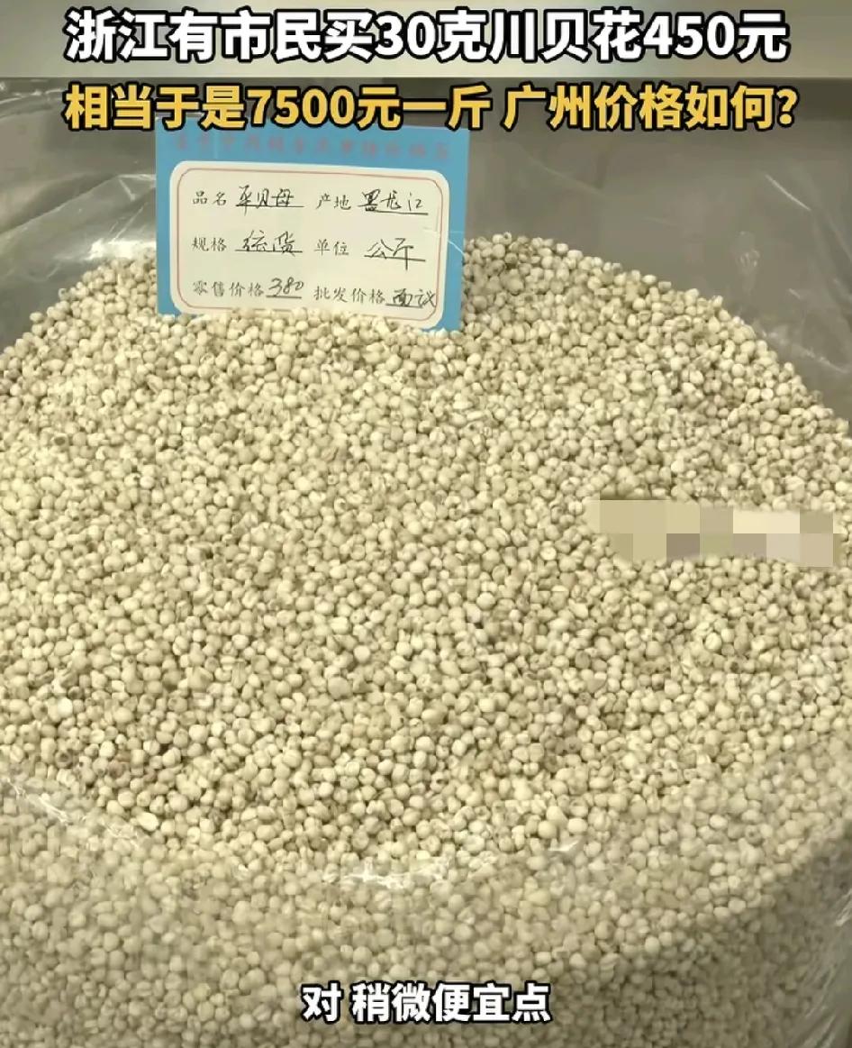 7月27日，有来自浙江的市民在广州的药材批发市场买到30克的川贝花了450元，行