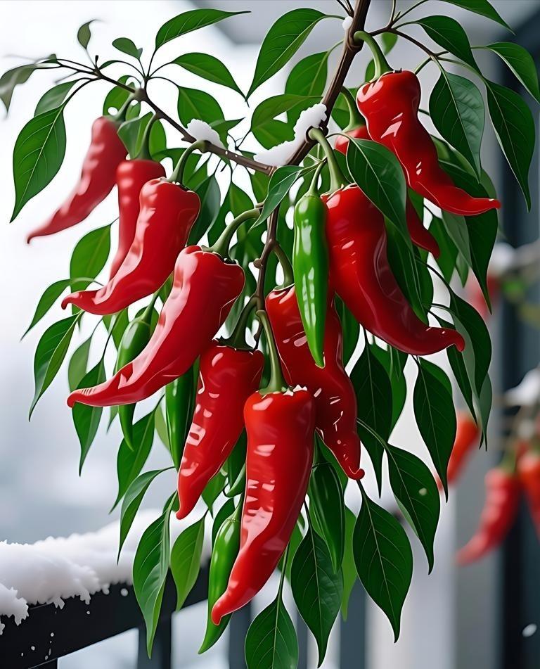 阳台上朝天椒红红火火，像谁把一串小鞭炮挂进冬日。霜风掠过，它们不低头，反而翘得更