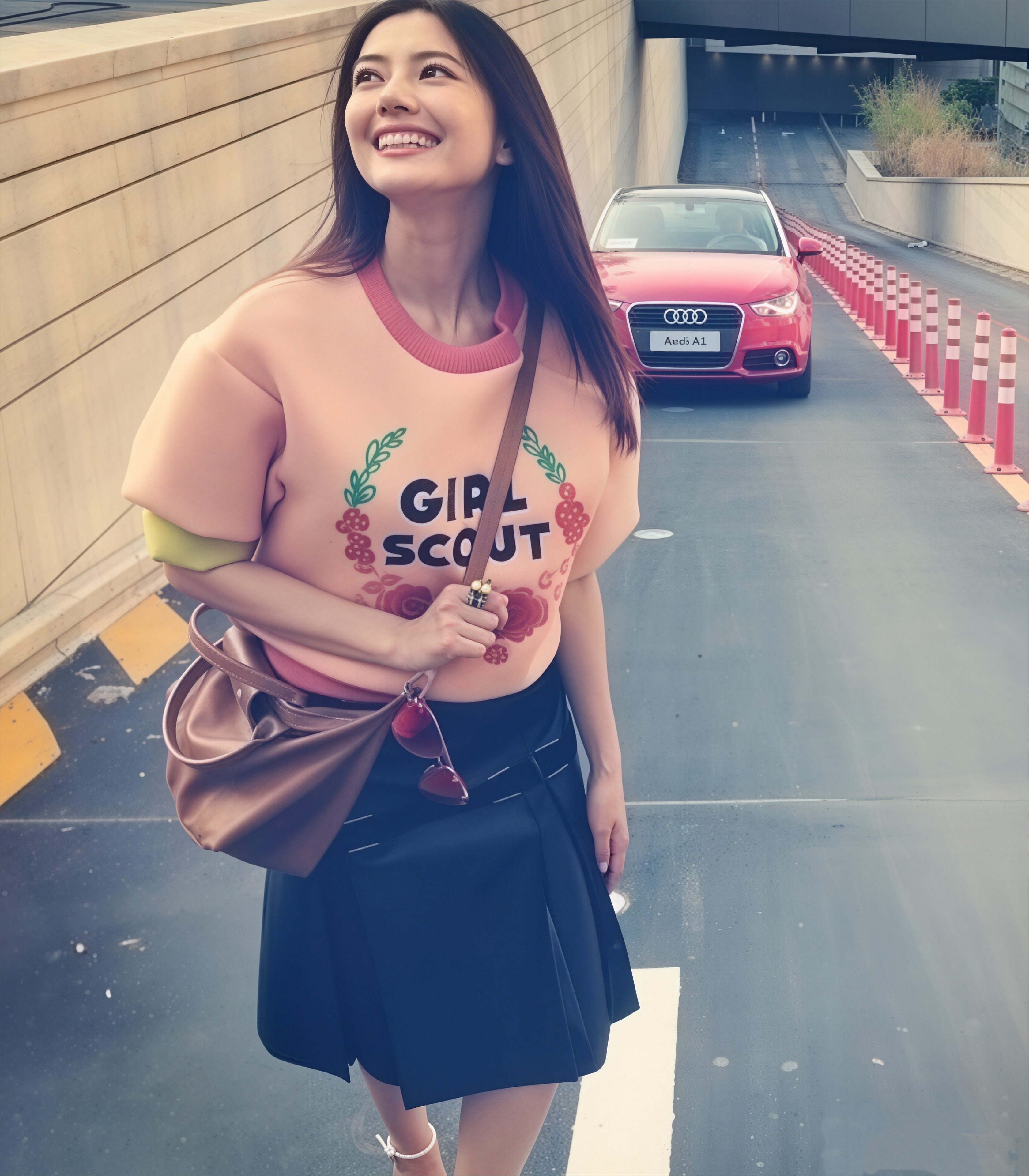 高圆圆 这一身粉衣黑裙的元气穿搭，像极了汉马赛道上迎着樱花奔跑的跑者✨。明媚笑容