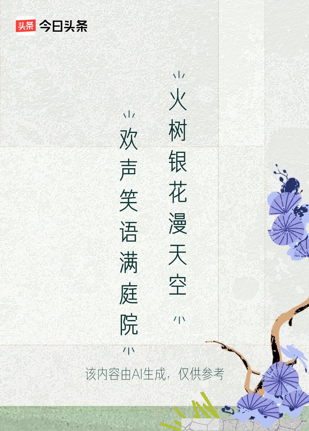 微头条
上联：欢声笑语滿庭院
下联：火树银花漫天空
这个下联“火树银花漫天空”与