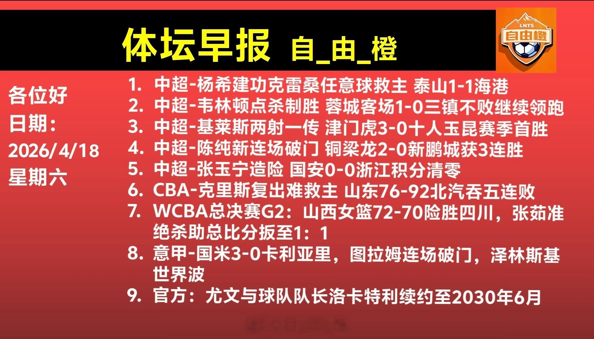 自由橙每日橙语体坛早晚报