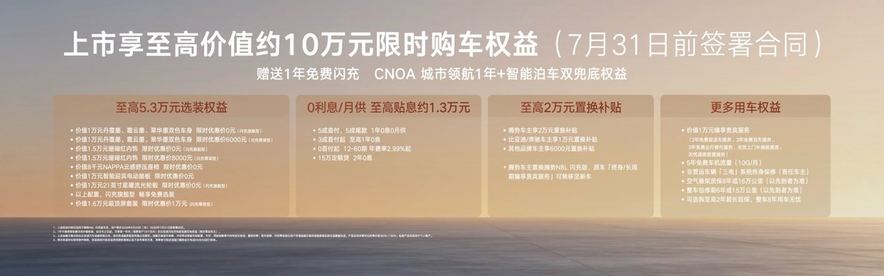 6月23日，腾势N8L闪充版正式上市，推出闪充尊荣型、闪充旗舰型两款车型，官方指