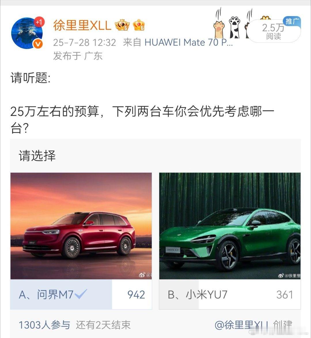 阶段性公布投票数据。截至18:30分。共计有效投票数1303，其中:1、问界M7