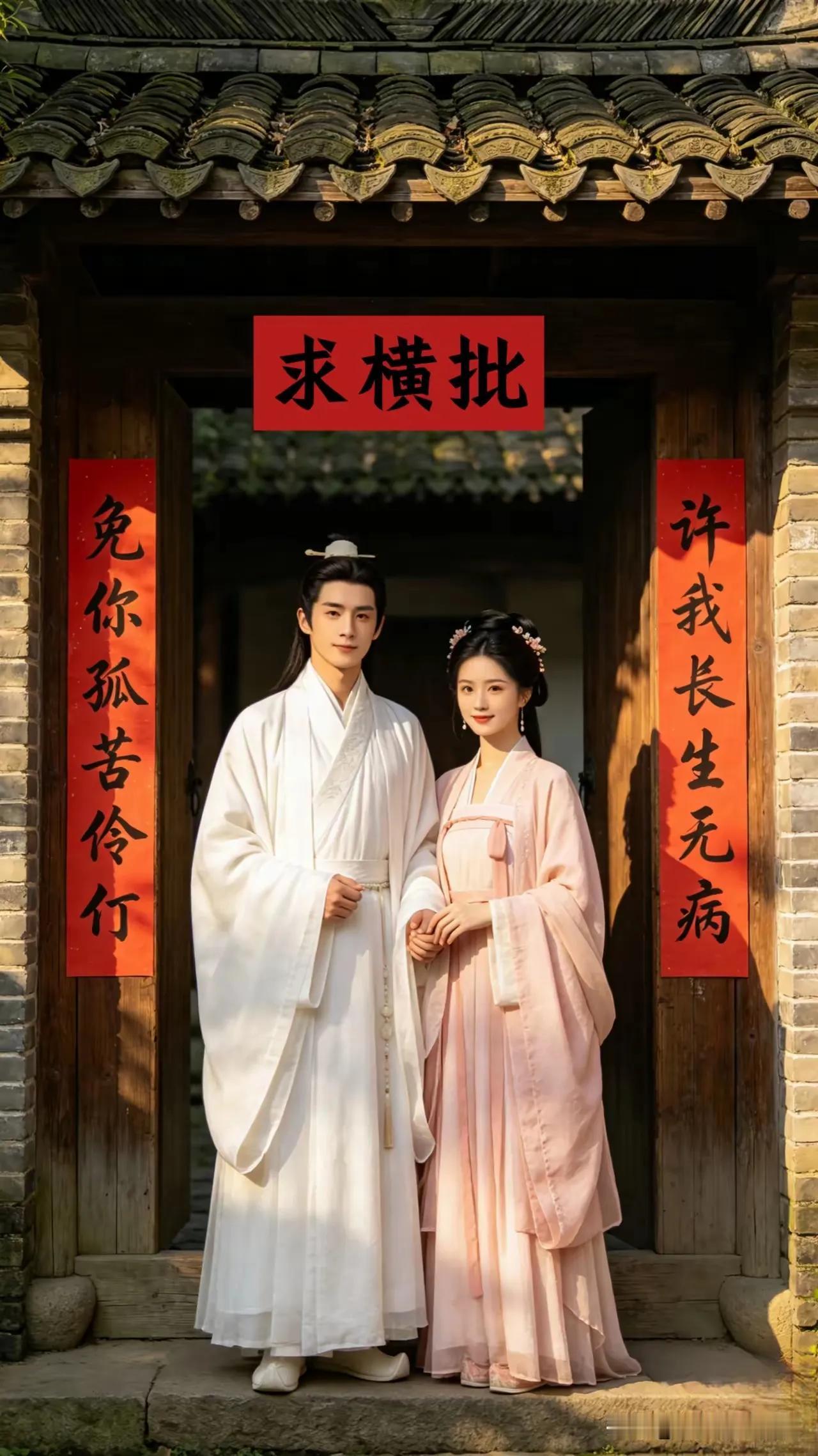 上联：许我长生无病
下联：免你孤苦伶仃
横批：两全其美。