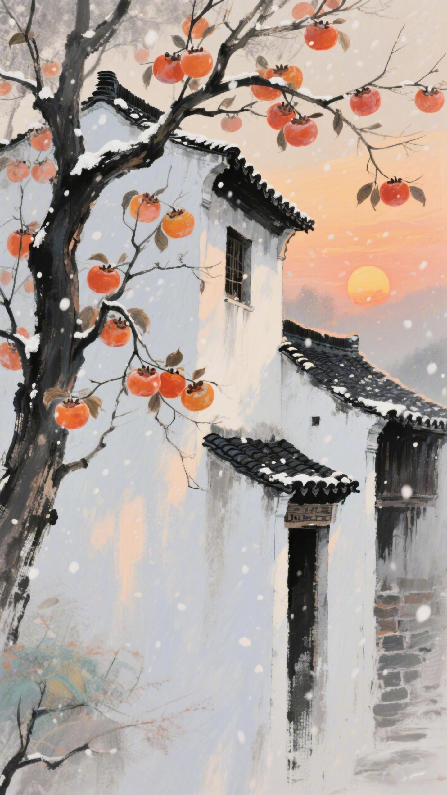 霜雪凝枝柿正红，残阳斜落旧庭中。 