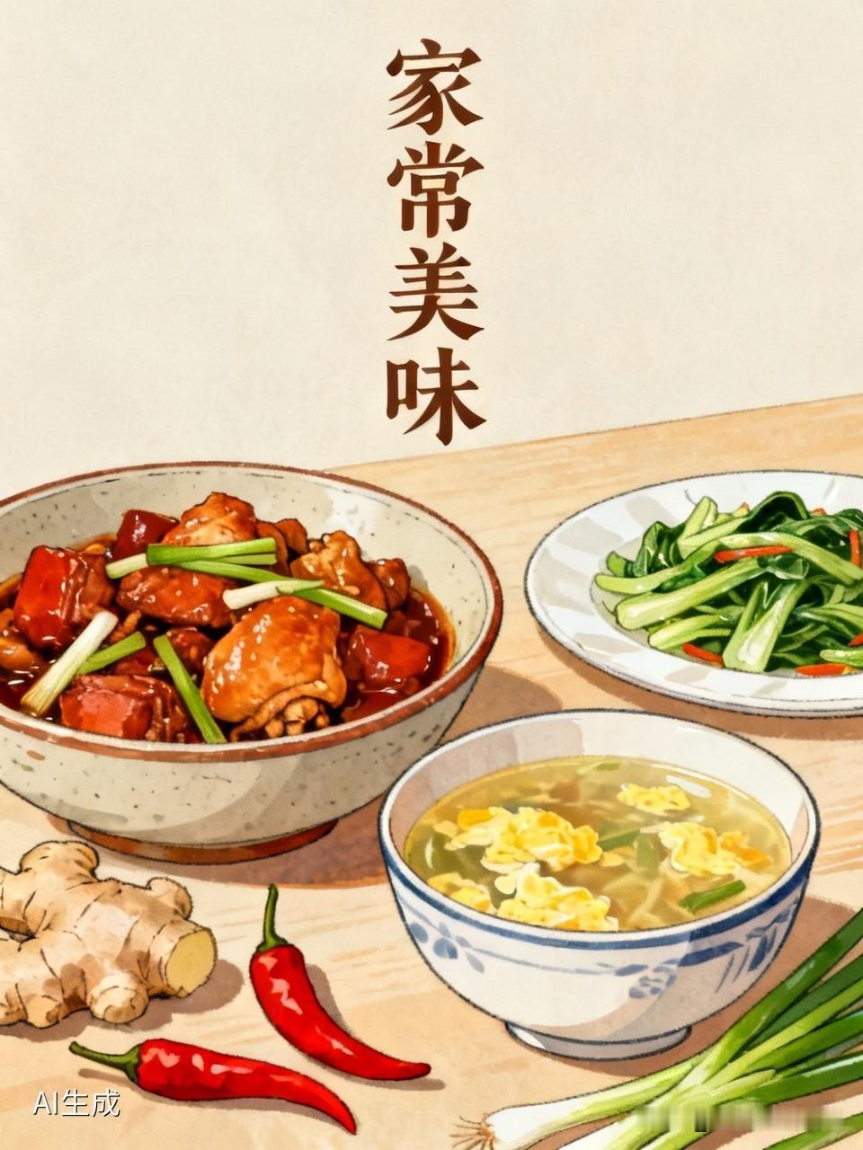 主打一荤一素再加个汤，搭配得刚刚好。红烧鸡块炖得软烂入味，鸡肉吸满了汤汁，咸香中
