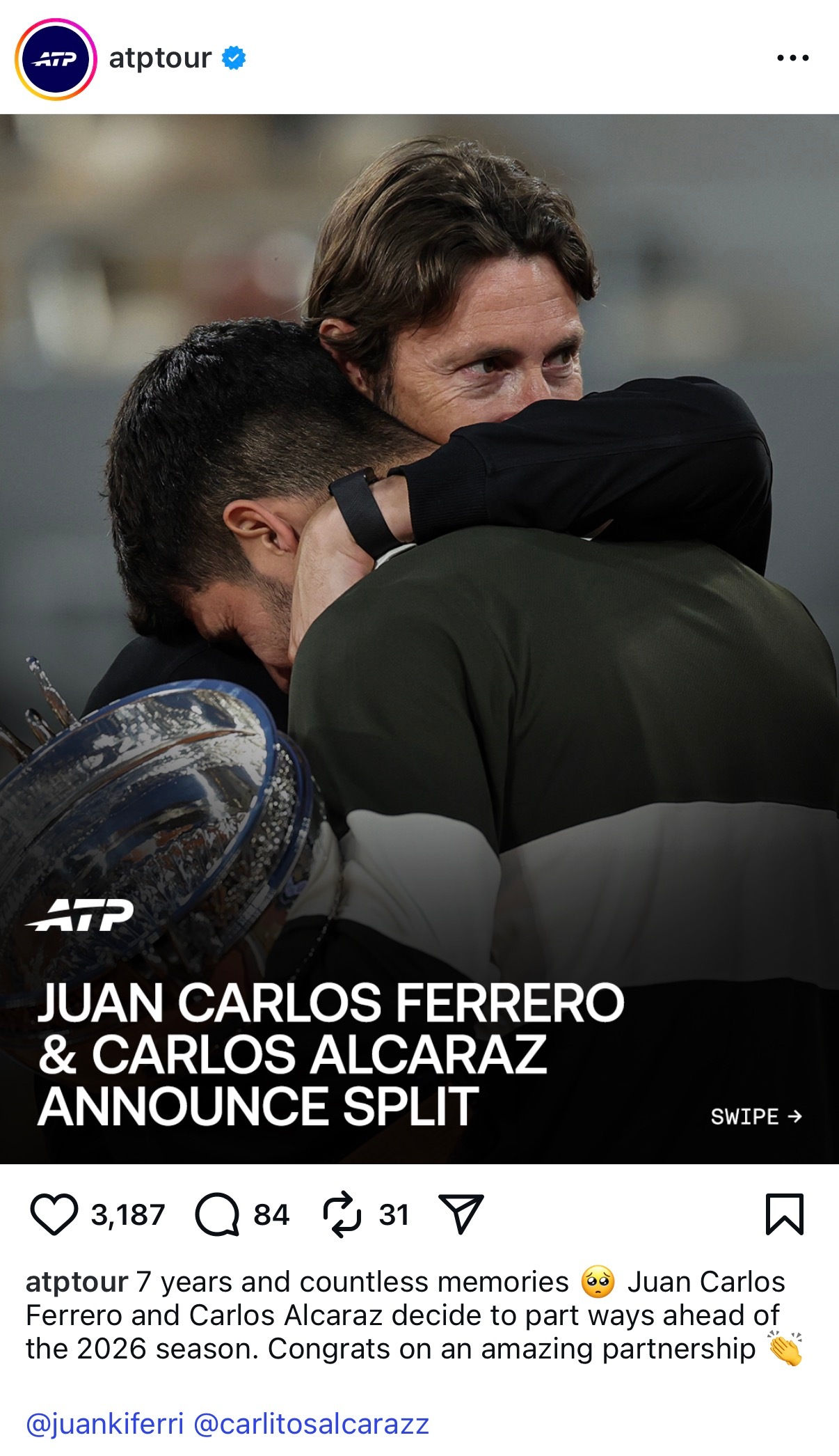 Breaking News：阿尔卡拉斯突然在社交媒体宣布与自己功勋教练费雷罗结束