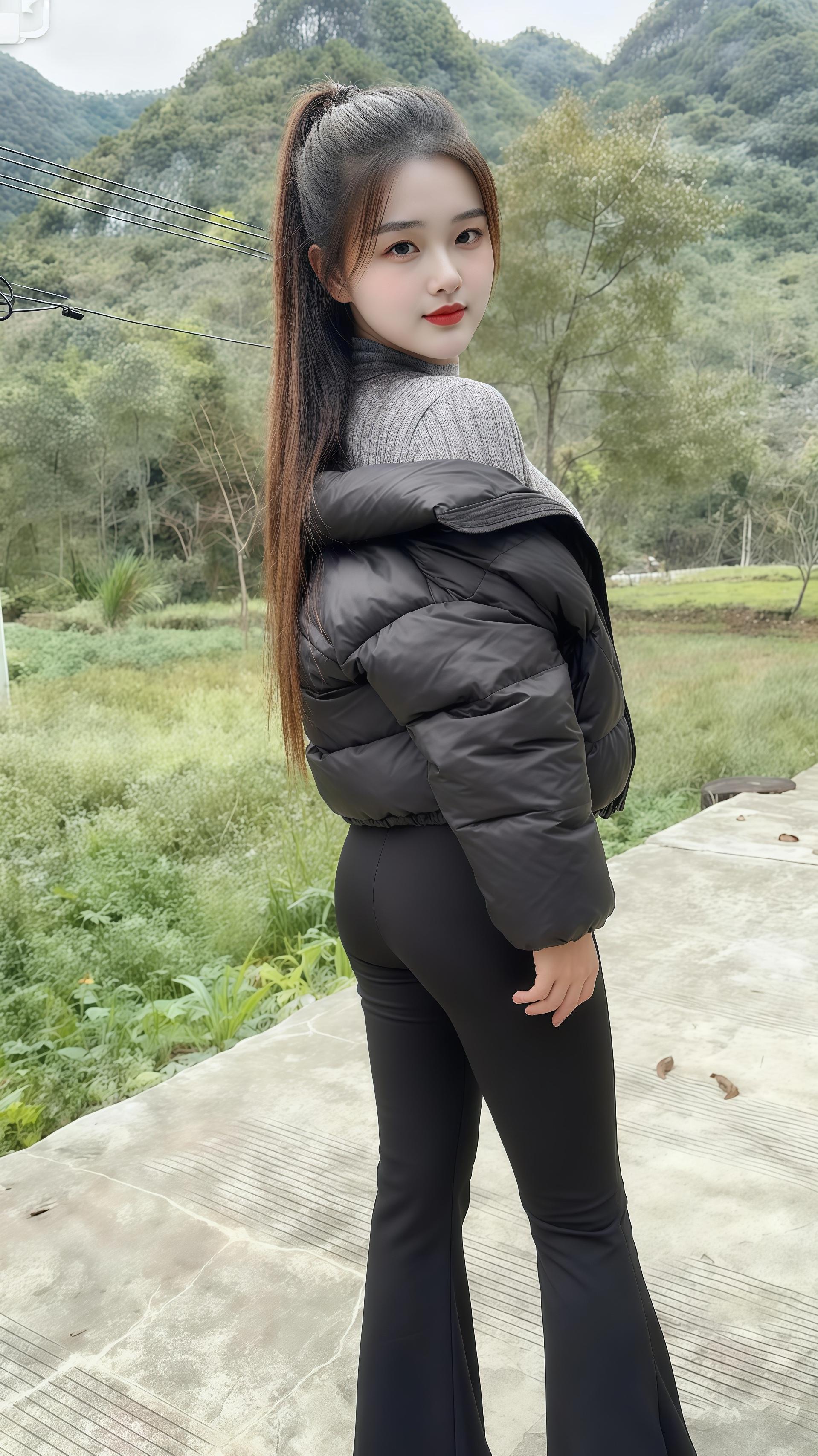 美女 邻家女孩 山里姑娘 轻薄羽绒服 身材挑战