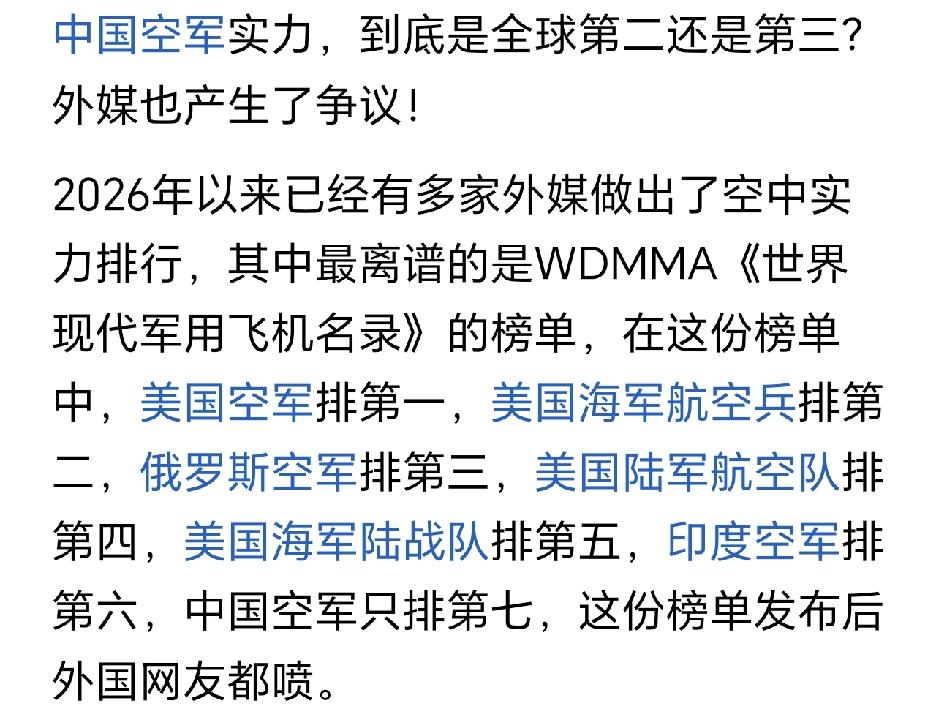 拥有500多架五代机，和全球唯一六代机的国家，空军实力竟然只排名第7？
反倒是印