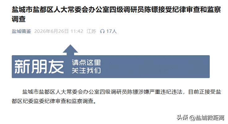 盐城市盐都区人大常委会办公室四级调研员陈镖被查！
