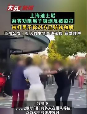 今年4月26日，在上海迪士尼小镇因劝阻吸烟，而遭掌掴脚踢的24岁男子，在拿到打人
