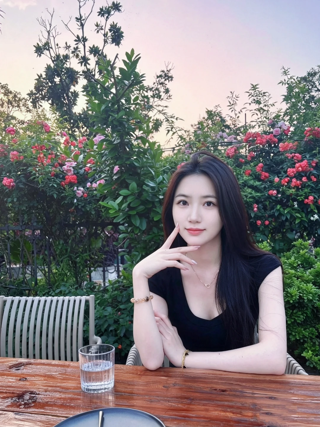 暮色漫过花墙，晚风裹着玫瑰香。