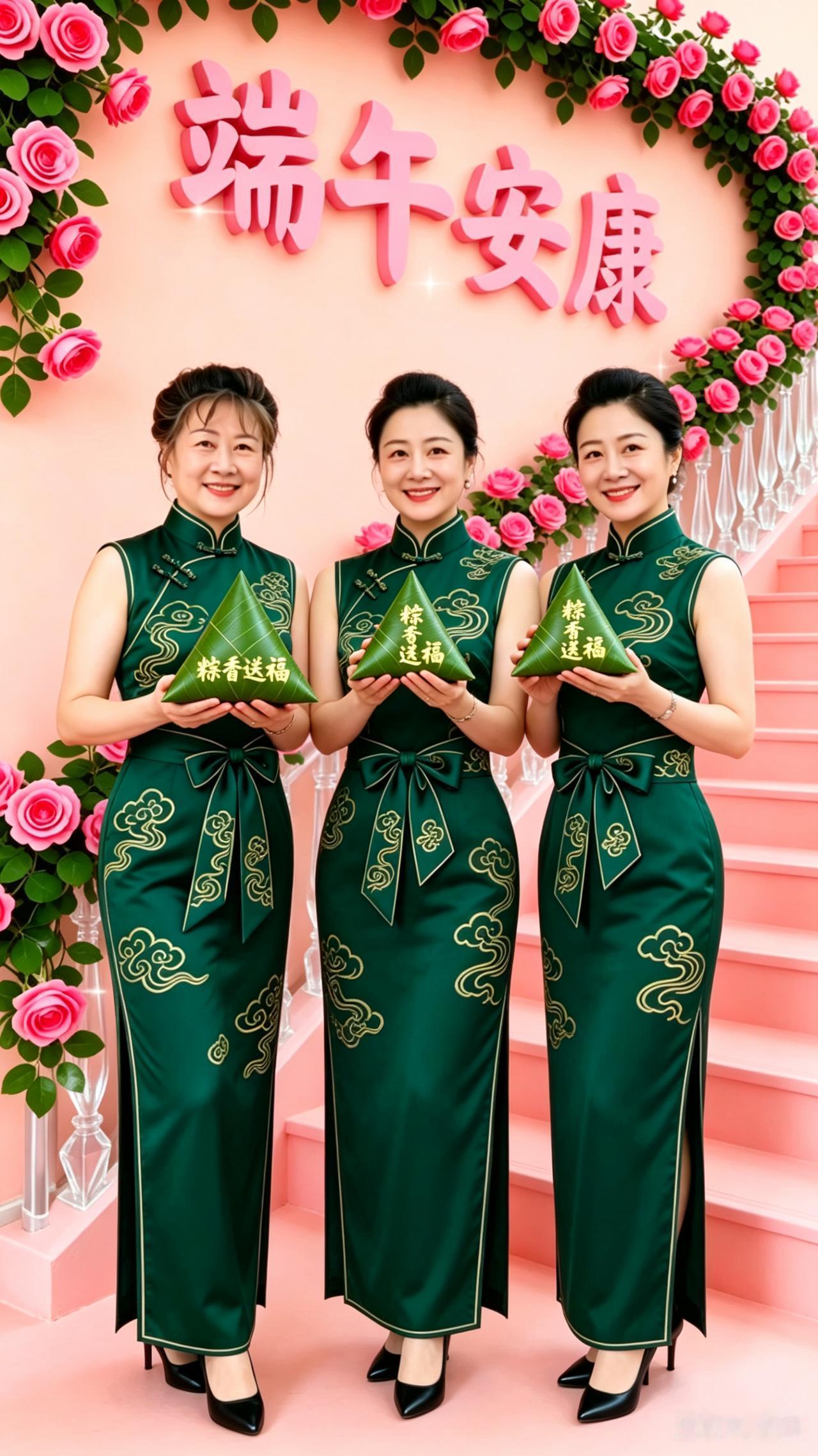端午旗袍赠福
 
玫瑰绕壁沐清芳，
翠影旗袍映暖阳。
手捧粽心捎吉语，
端阳岁岁