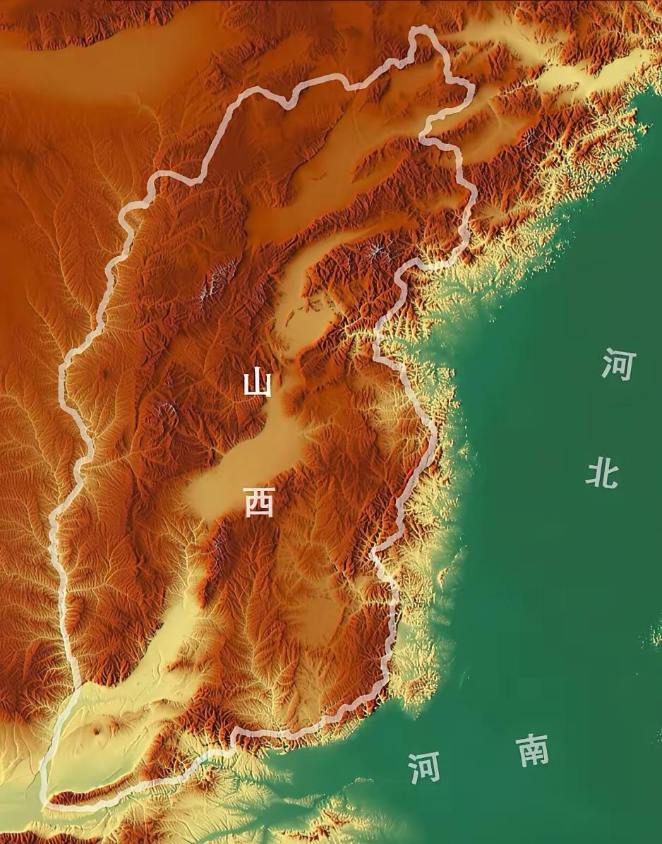 妥妥的山西省地形图，状似平行四边形。
东、南与河北省、河南省交界，地理结构极为显